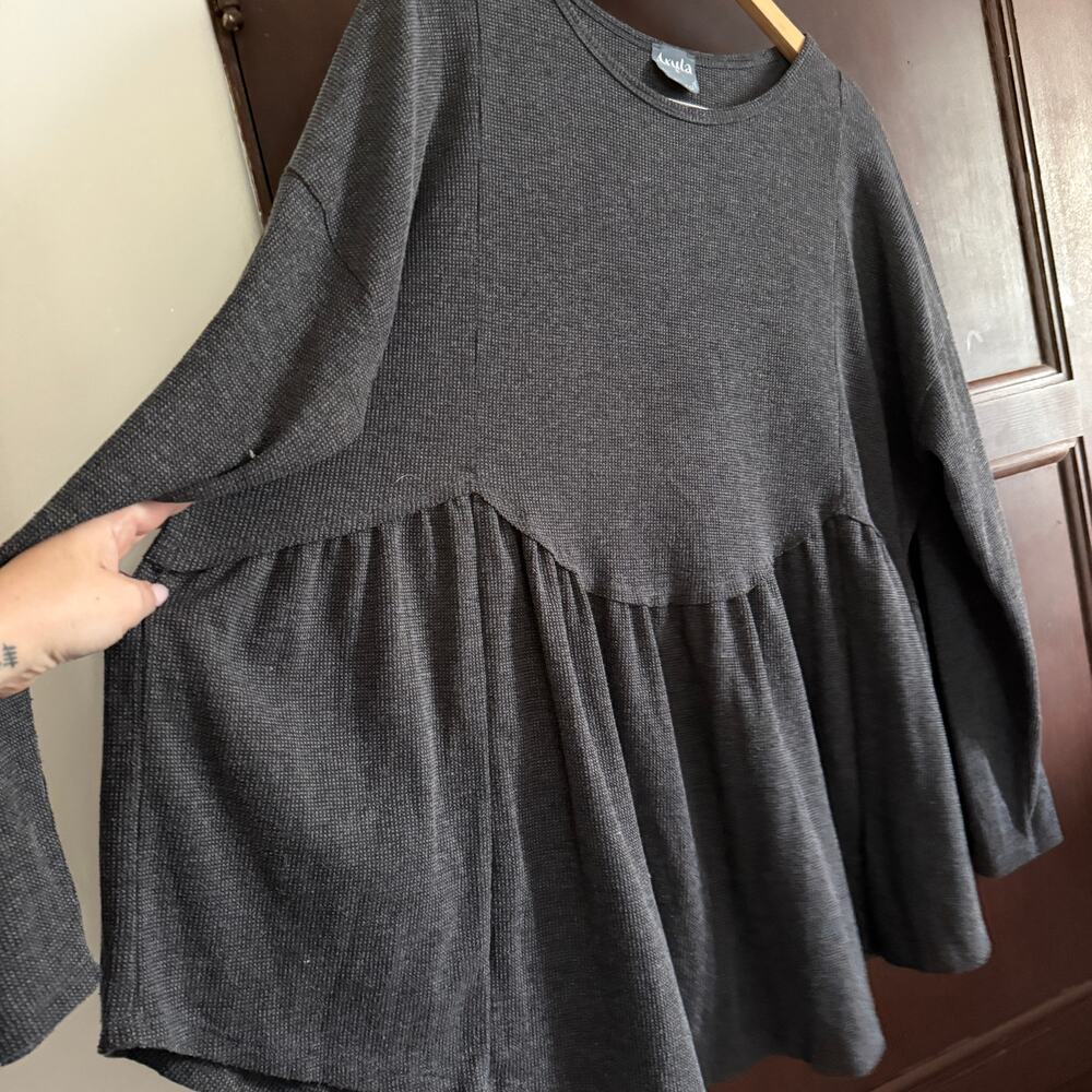 ARULA | Dark Gray Heather Waffle Scalloped Waist Babydoll Long Sleeve Top 2XL B - Picture 5 of 5
